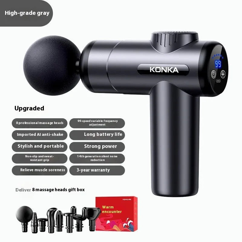 Konka professional mini electric massage gun with multiple attachment heads on a grey background