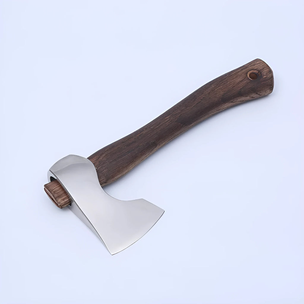 Camping axe with high carbon steel blade and wooden handle on a neutral background.