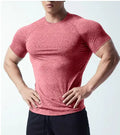 Men's black stretch quick-dry casual short sleeve t-shirt on a hanger.
