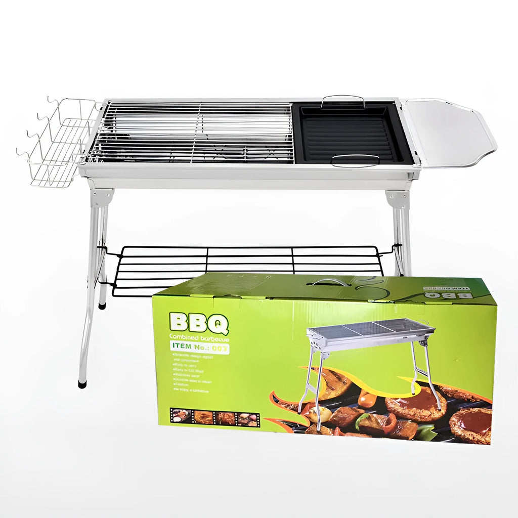 Stainless steel portable barbecue oven with charcoal stove and grilling accessories