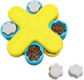 Yellow three-layer rotating dog puzzle feeder with anti-slip base for slow feeding and mental stimulation