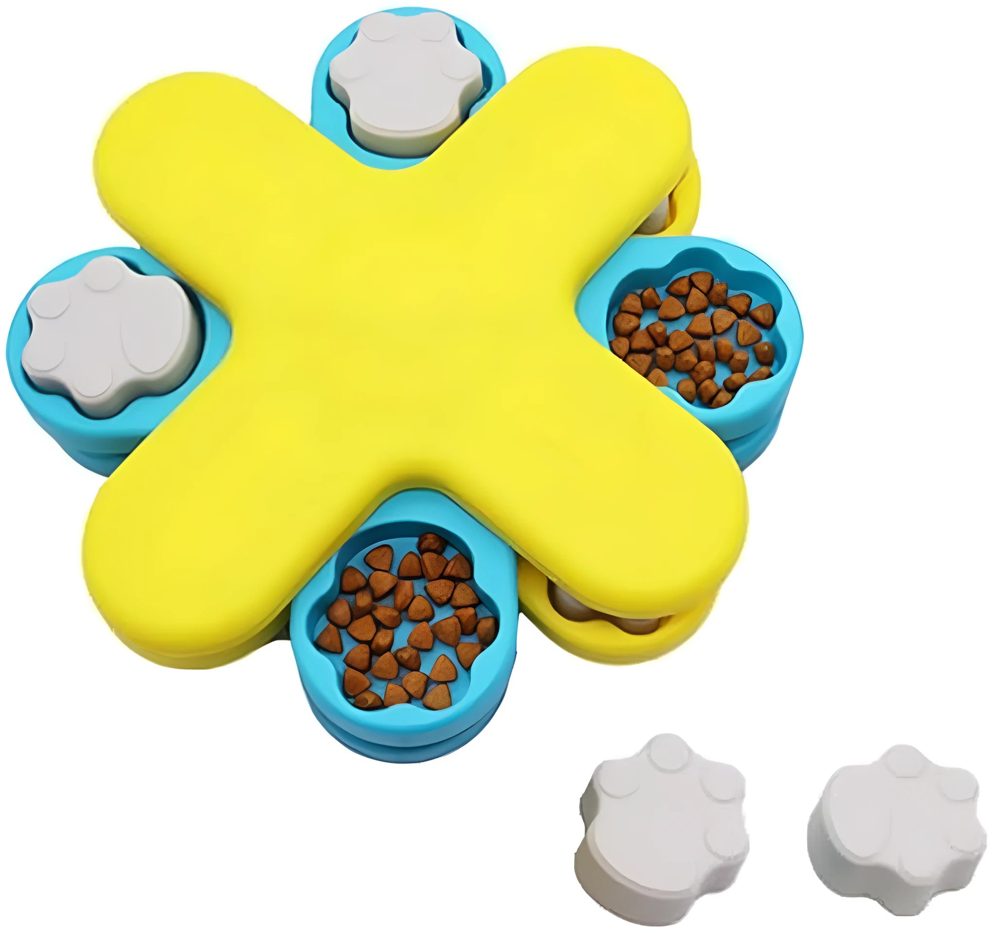 Yellow three-layer rotating dog puzzle feeder with anti-slip base for slow feeding and mental stimulation