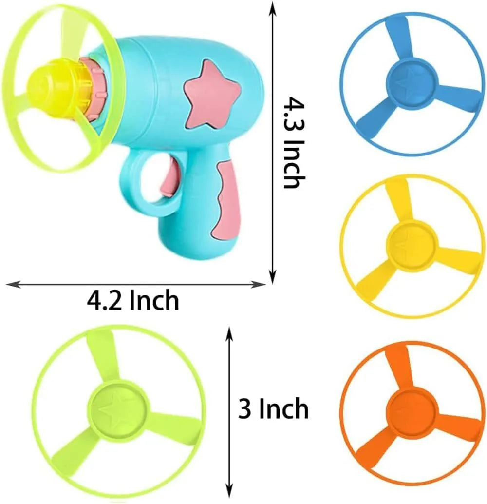 Blue plastic cat toy gun with spinning Frisbee launcher for indoor feline entertainment