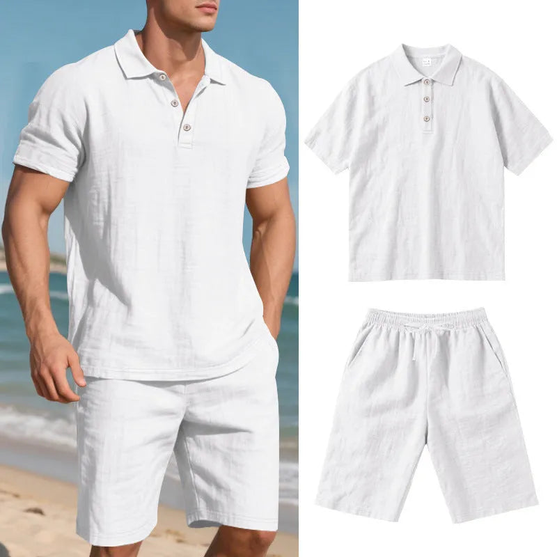 Men's light-coloured linen shorts suit with short sleeve top and matching shorts for summer casual wear