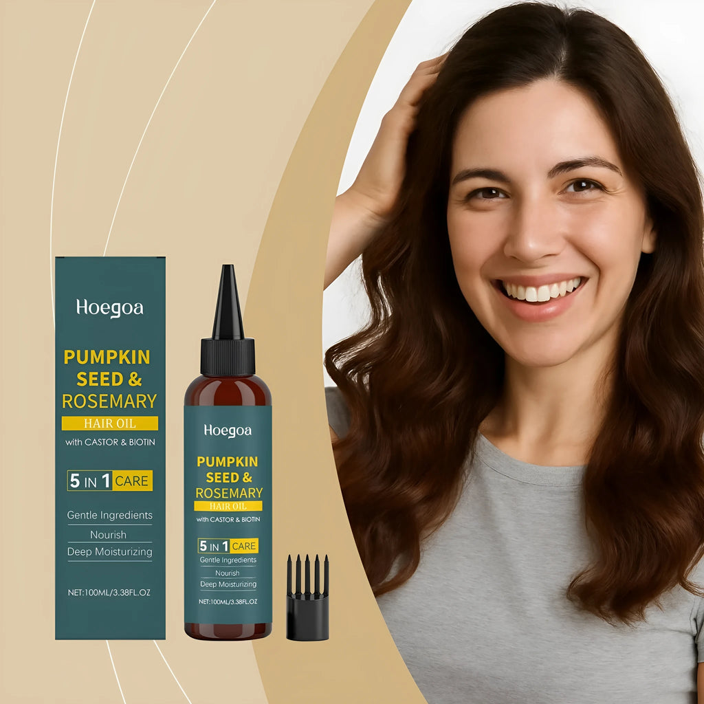 Rosemary hair essential oil 100 ml bottle with pointed applicator and hair comb on a white background.