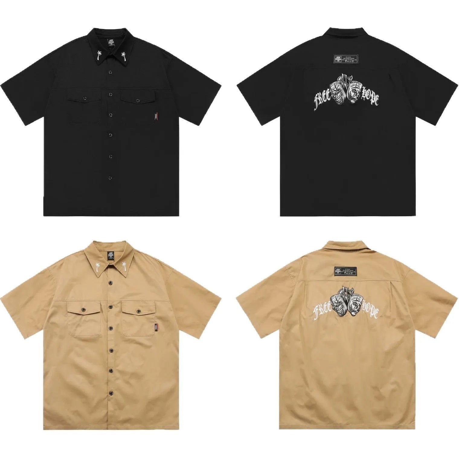 Men's black plus size loose fit cotton shirt with embroidery detailing on half sleeves