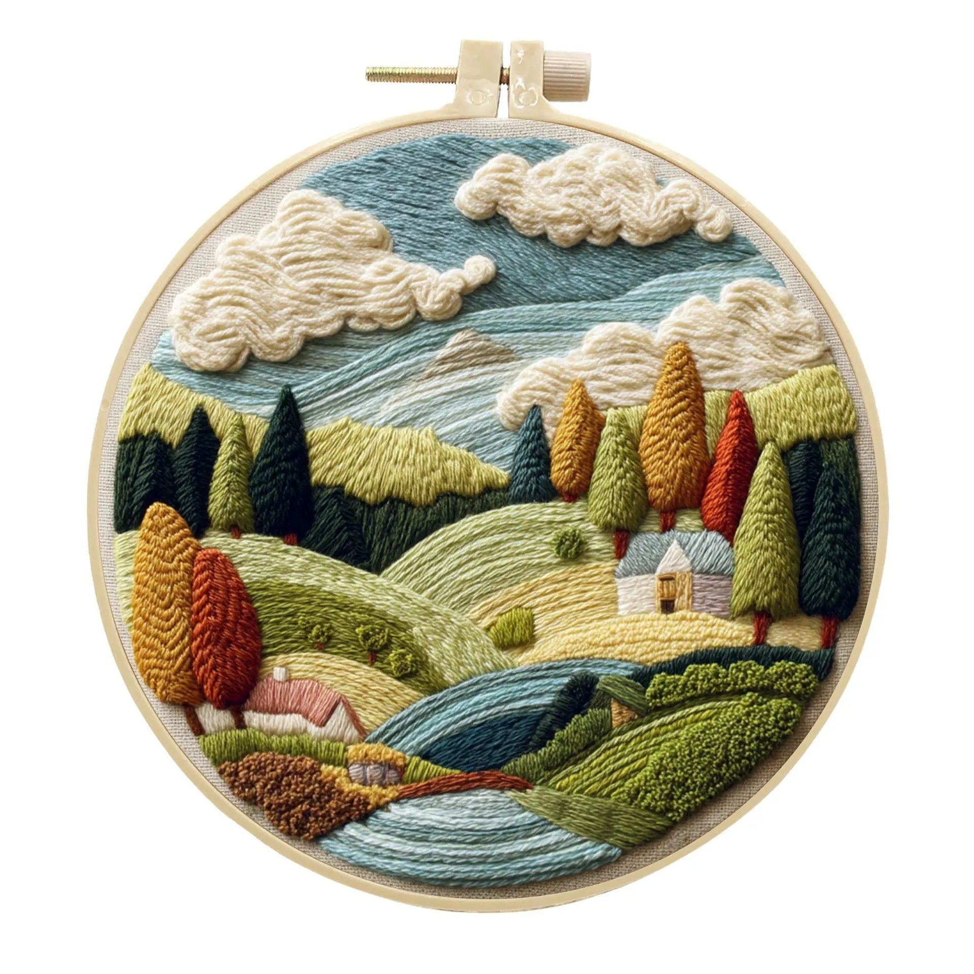 Embroidery kit with cotton fabric, bamboo frame, threads, and printed landscape design for DIY textile art