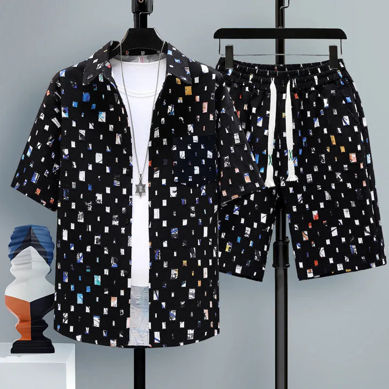 Men's casual sports two-piece set with short sleeve top and matching shorts in various colours