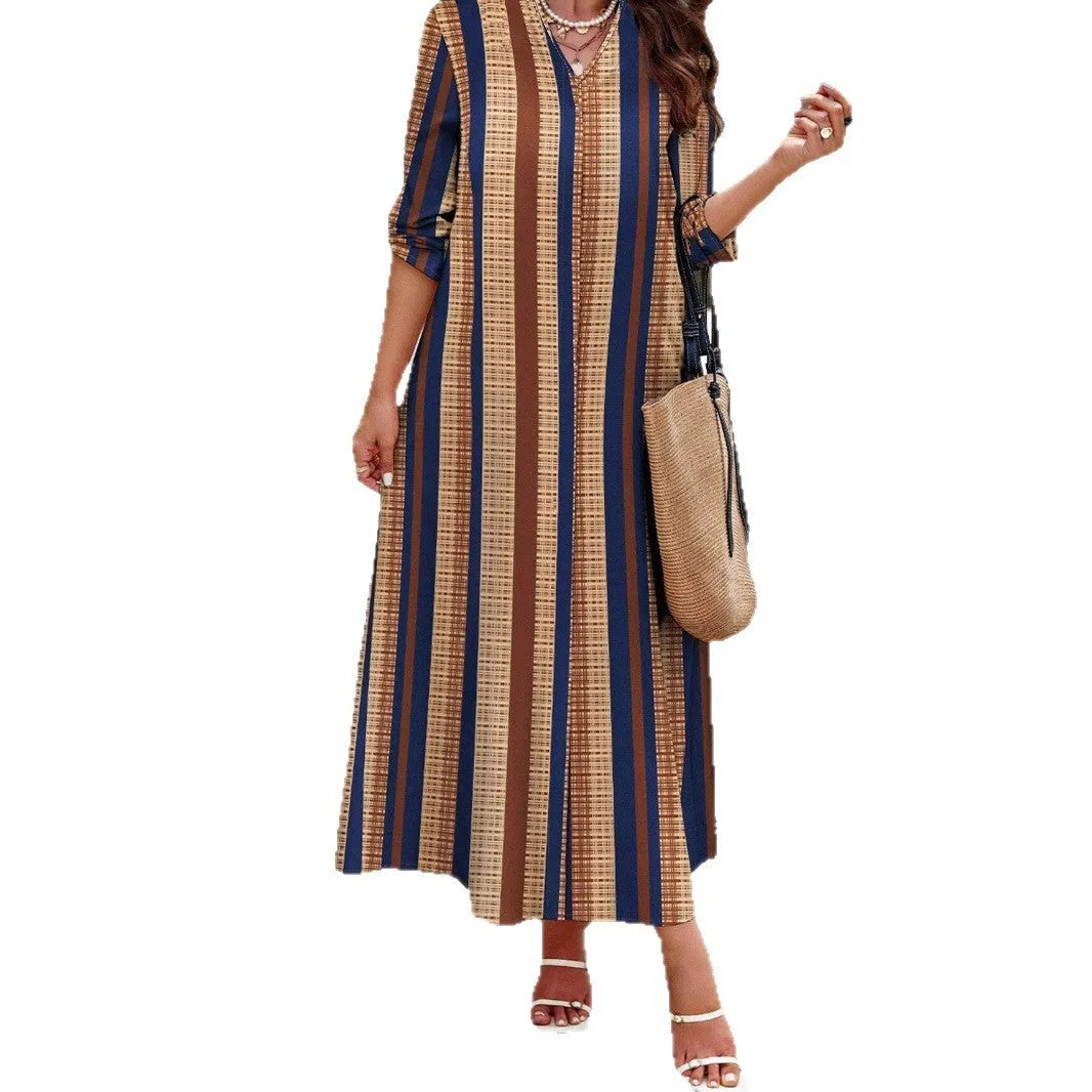Camel-colour vertical striped V-neck women's dress with long sleeves and A-line skirt