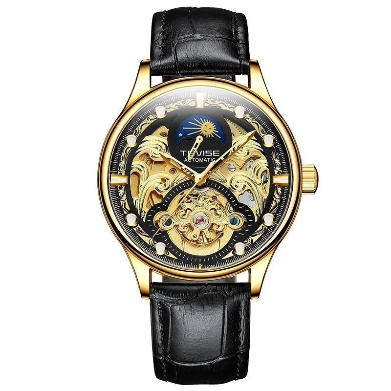 Men's automatic waterproof mechanical watch with 16mm case and leather strap