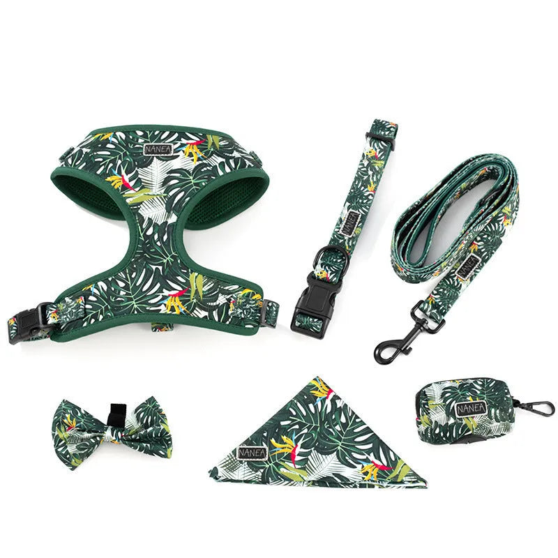 Six-piece adjustable pet harness set with haulage rope, collar, waste bag, bow tie, and triangular scarf accessories