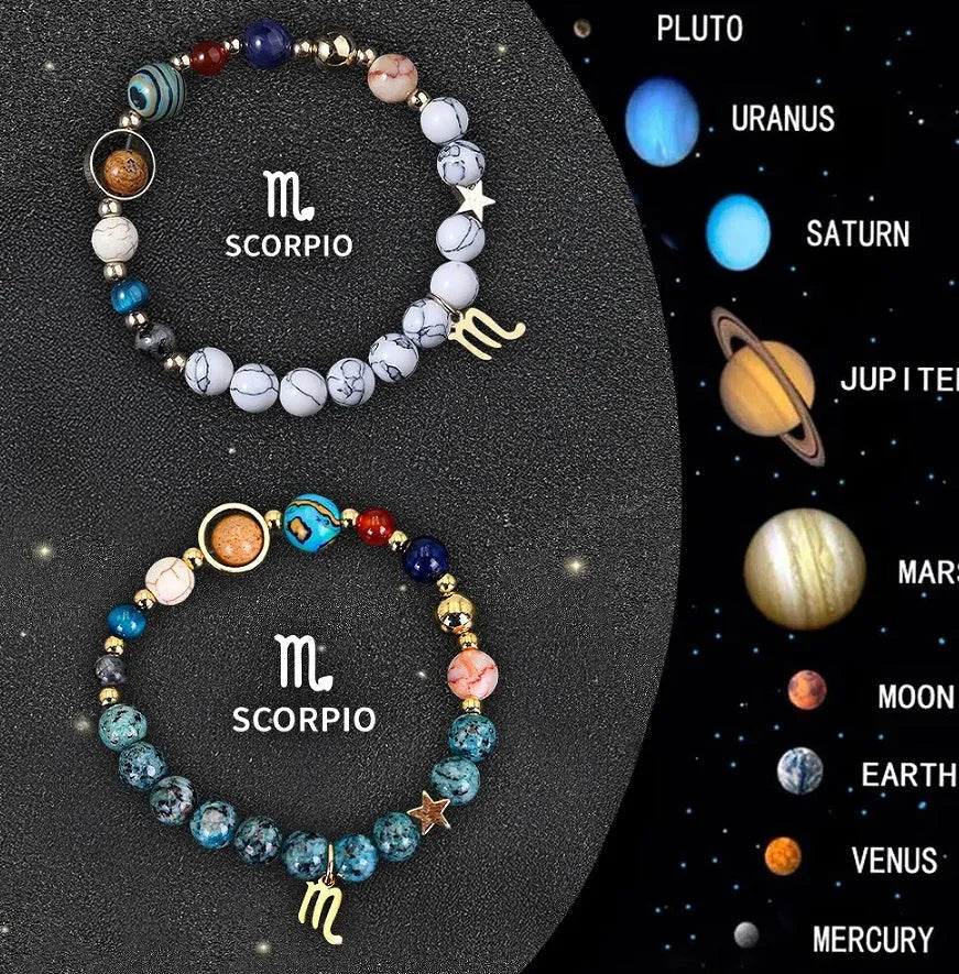 Set of twelve natural stone bead bracelets laid out, each representing a different zodiac sign.
