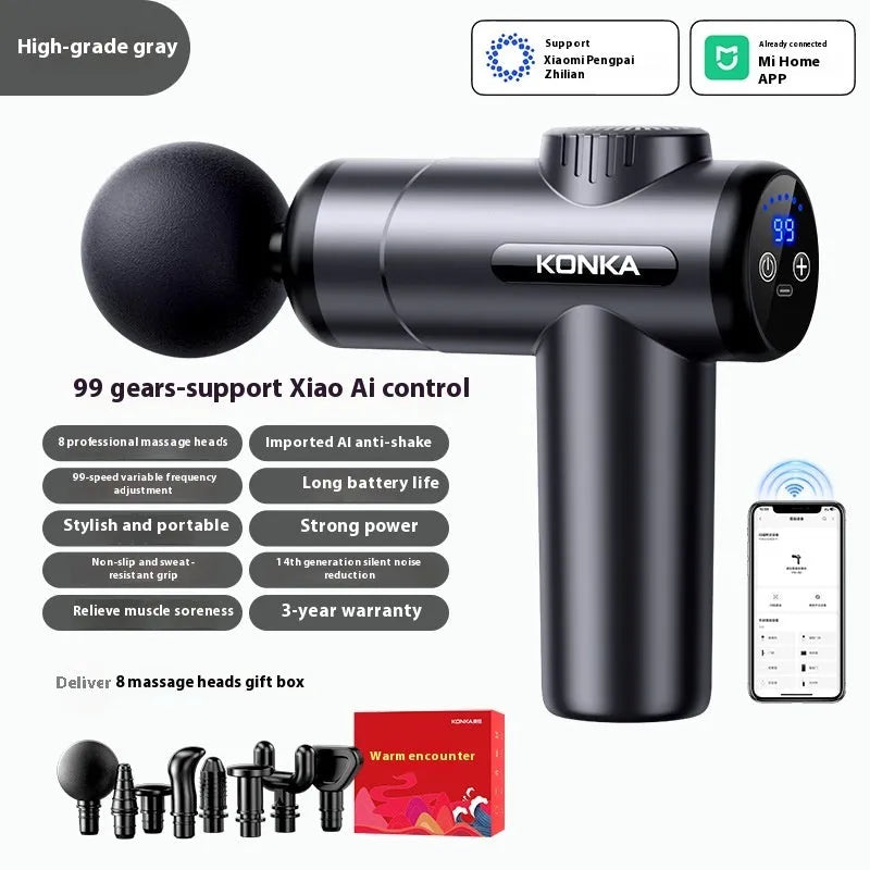 Konka professional mini electric massage gun with multiple attachment heads on a grey background
