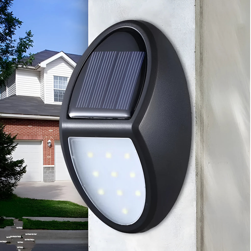 Black LED solar wall light measuring 75x120mm with auto sensor and 8 hour battery life