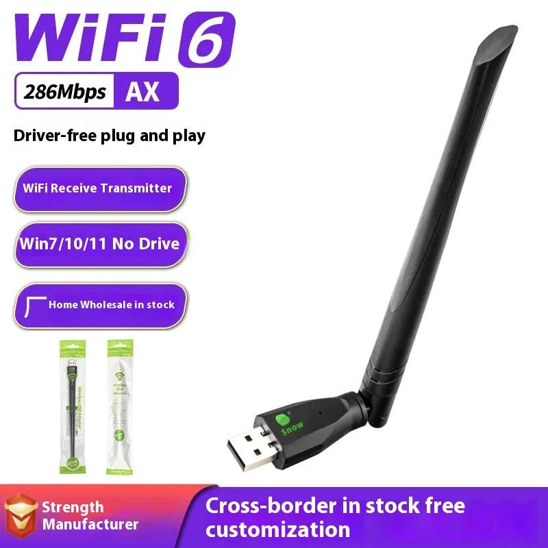 Black USB WiFi6 wireless network adapter with driver-free installation for computers.