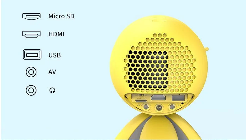 YG220 LED projector in yellow or white showing 1080P support and 24-80 inch projection capability