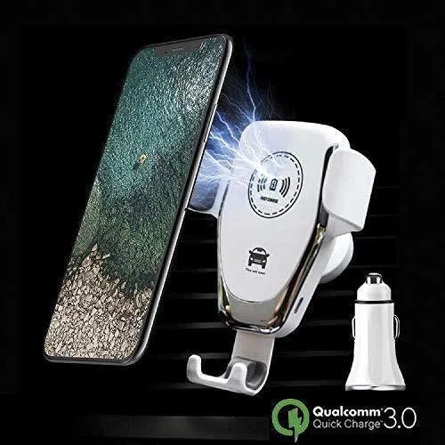 Black Qi wireless car phone mount holding an iPhone, showing automatic clamping arms and a vent clip installation.