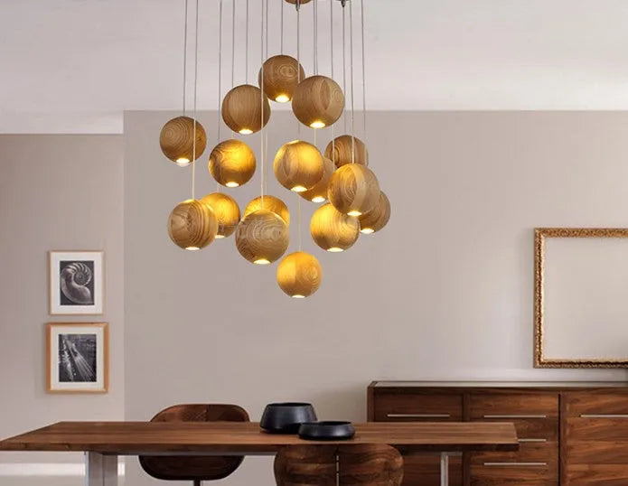 Nordic style solid wood ball chandelier pendant light with adjustable hanging cord.