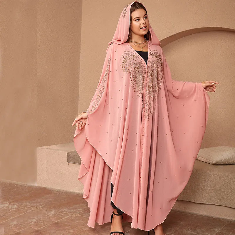 Muslim style high density chiffon cape shawl with rhinestone beading in purple, black, red, blue, yellow, and pink options