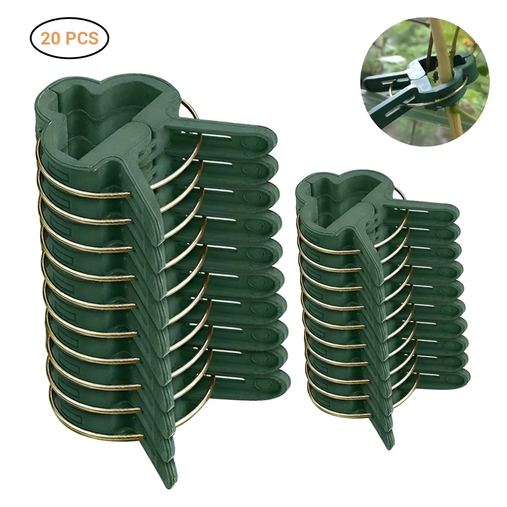 Green plastic and zinc plant fixing clips in large and small sizes for climbing vegetables