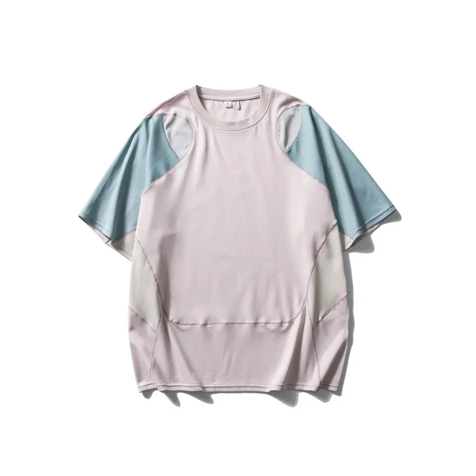 Men's loose fit patchwork contrast colour cotton blend sports T-shirt with short raglan sleeves