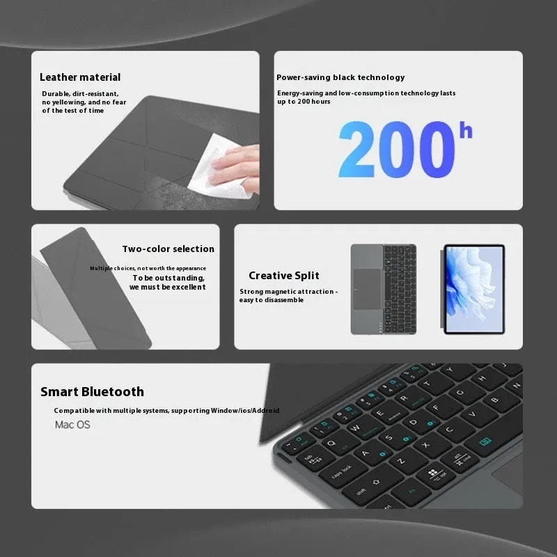 Grey wireless Bluetooth folding keyboard shown open for typing and folded for storage