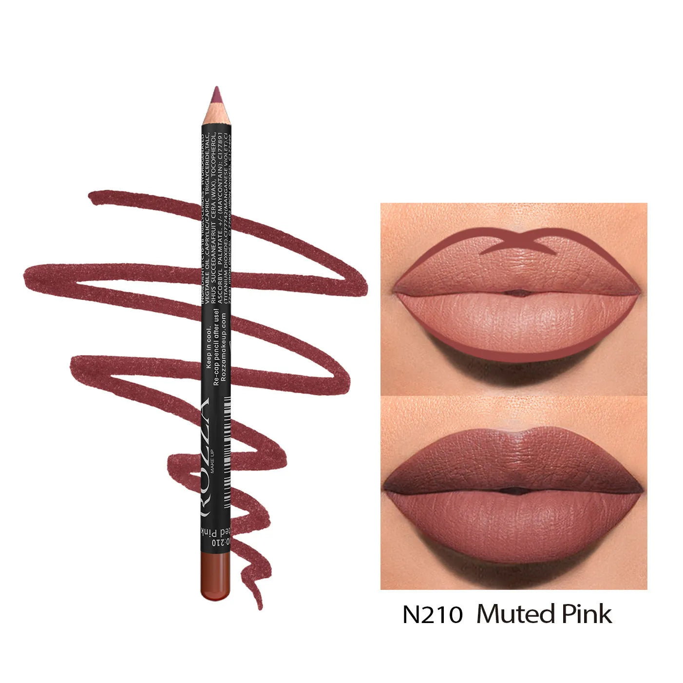 24-hour matte finish lip liner pencil in a range of wood tone shades on a white background.