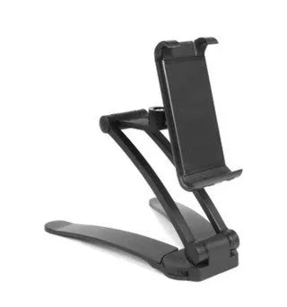 Silver aluminium alloy desktop tablet stand holding a tablet, showing 360-degree rotation adjustment.