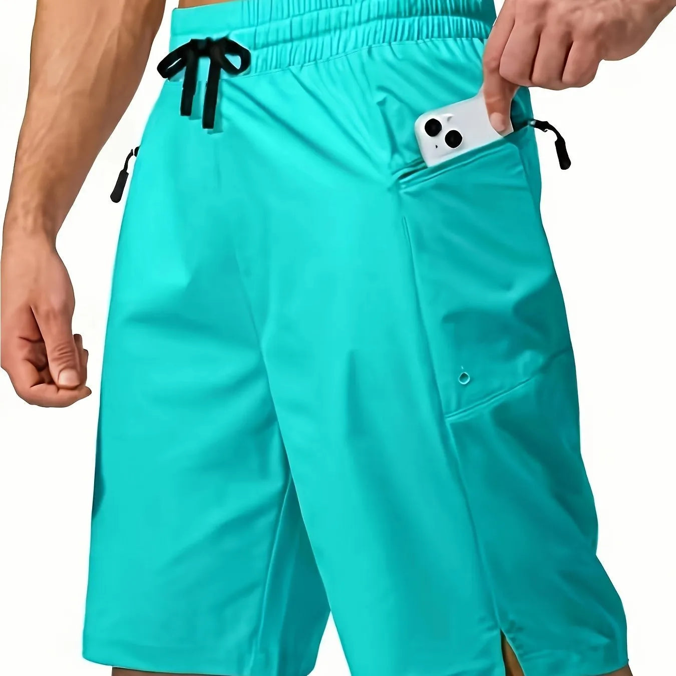 Men's solid colour beach shorts in straight cut with quick-drying polyester fabric