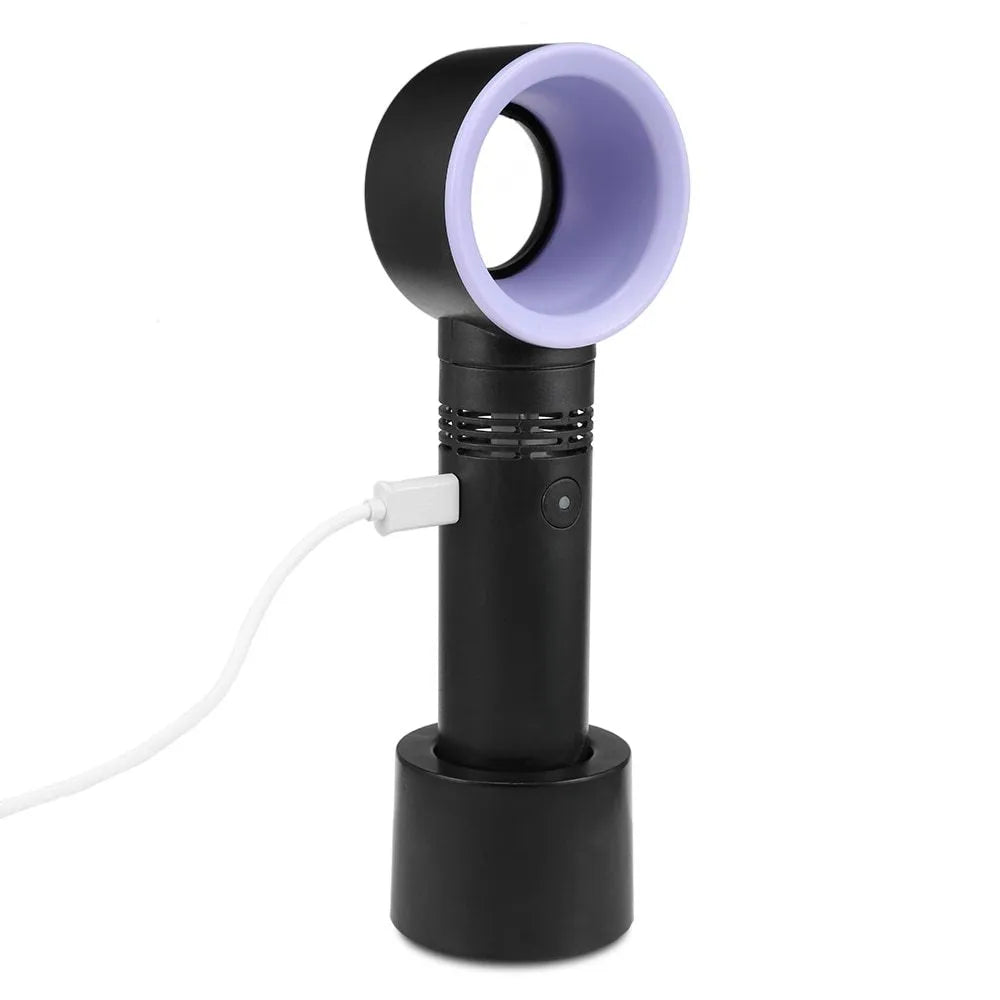 A portable bladeless desk fan with a modern design, shown on its base with a USB cable, available in multiple colours.