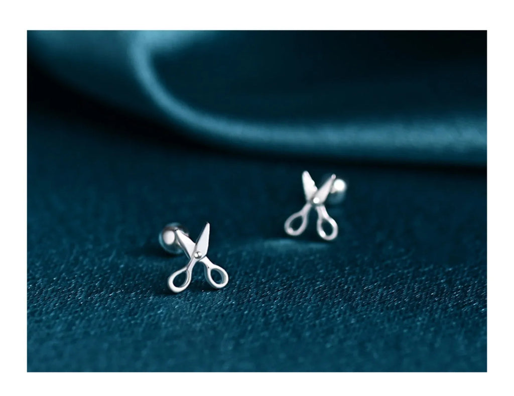 Pure silver screw ear nails with mini scissors design for cartilage piercings
