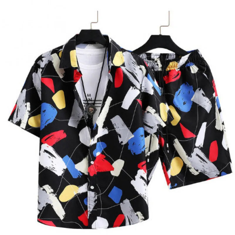 Men's casual suit with digital print short sleeve shirt and matching shorts in stretch polyester fabric
