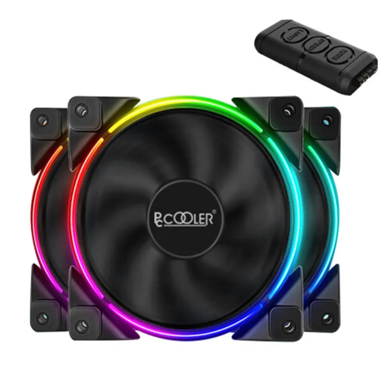 Three black 120mm RGB PC cooling fans with illuminated blades on a dark background