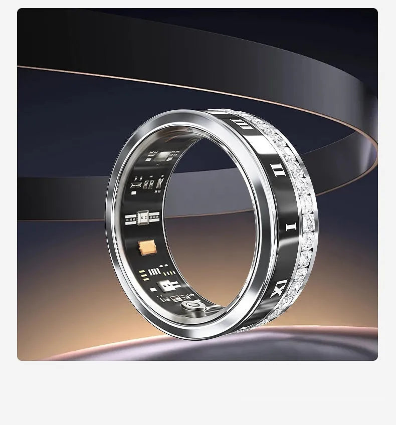 Gold and silver coloured smart ring with a diamond inlay on a finger, showing health tracking design.