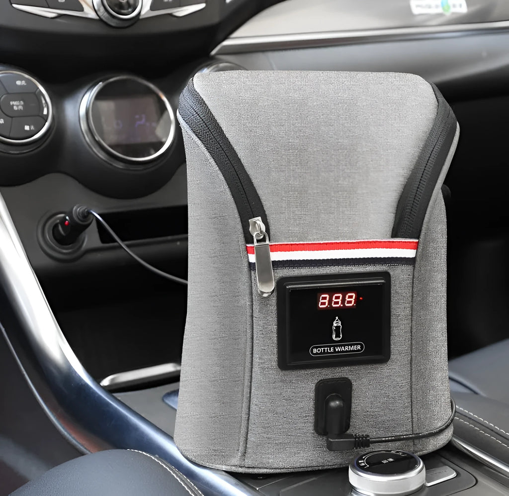 Grey Oxford cloth portable baby bottle warmer with car charger and temperature display