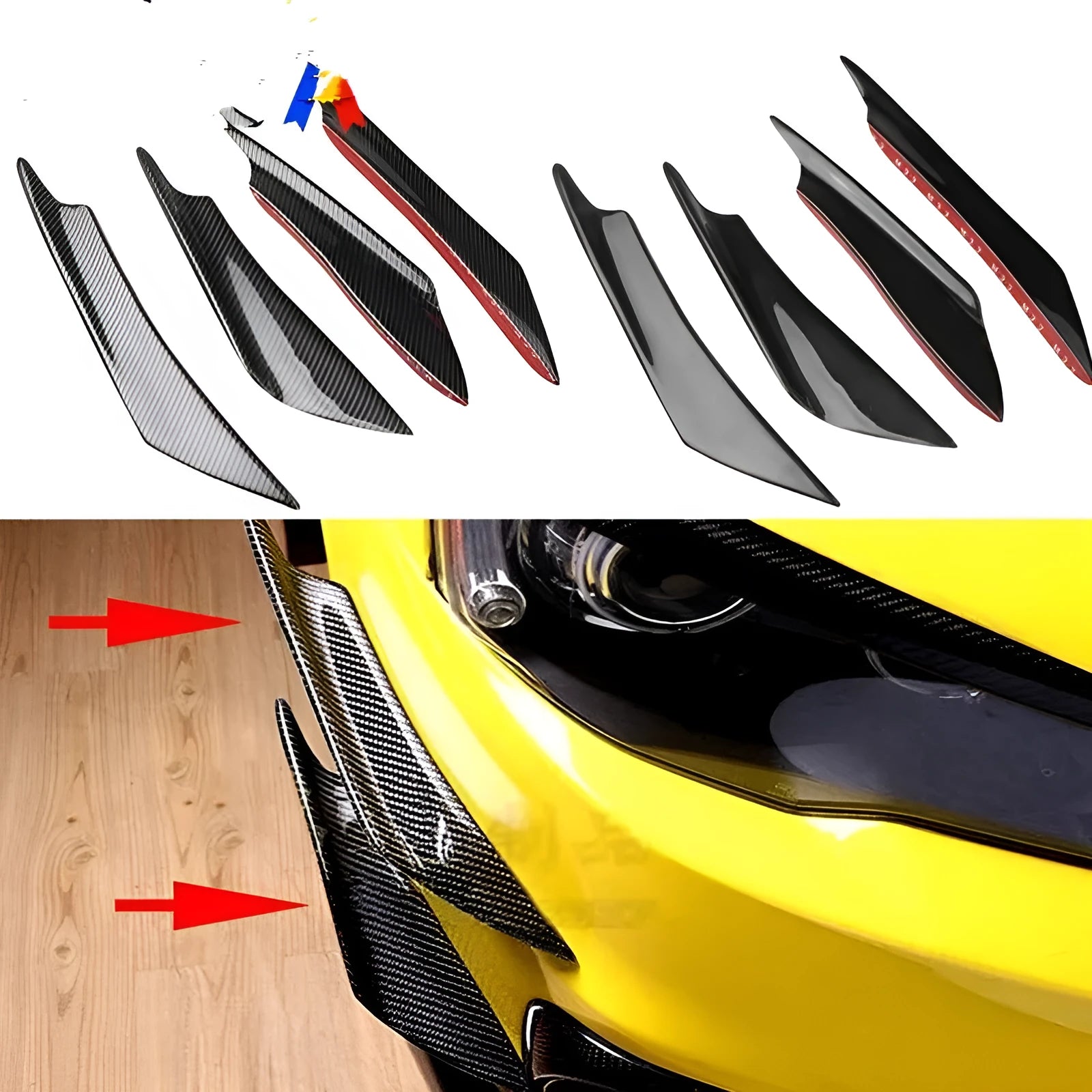 Set of four carbon fibre effect ABS plastic bumper air knife spoilers for car styling.