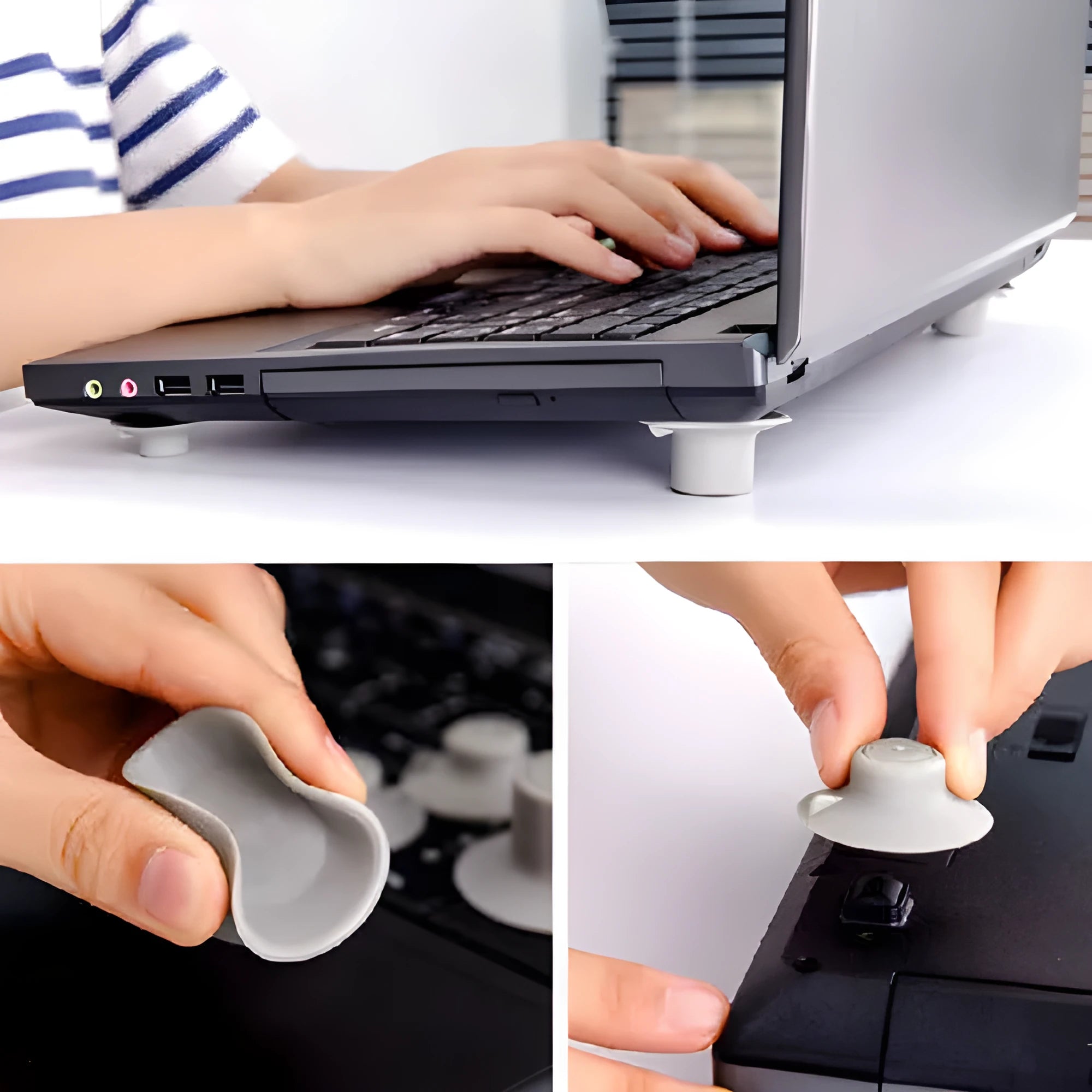 Grey durable plastic laptop cooling pad stand showing large and small non-slip pads.