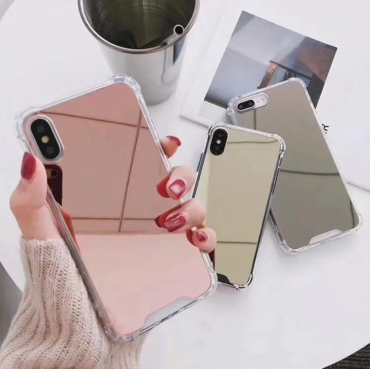 Mirror finish TPU protective case shown on iPhone with colour options displayed.