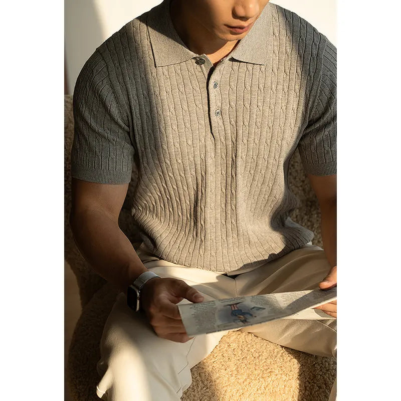 Men's khaki coloured short sleeve business top made from a polyester blend fabric.