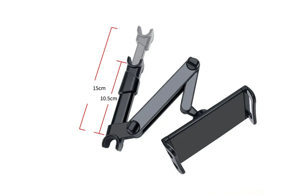 Black car phone holder mounted on vehicle rear seat base holding tablet for navigation