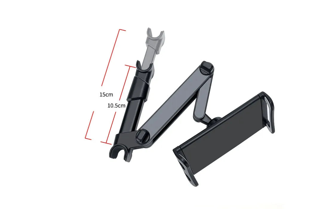 Black car phone holder mounted on vehicle rear seat base holding tablet for navigation