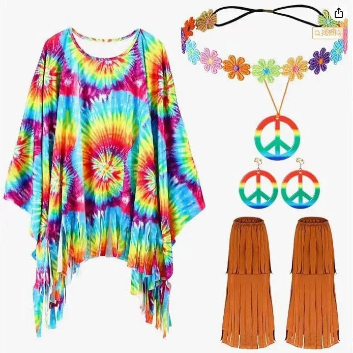 Tie dye cloak costume with colourful bell sleeves and irregular pattern for Halloween