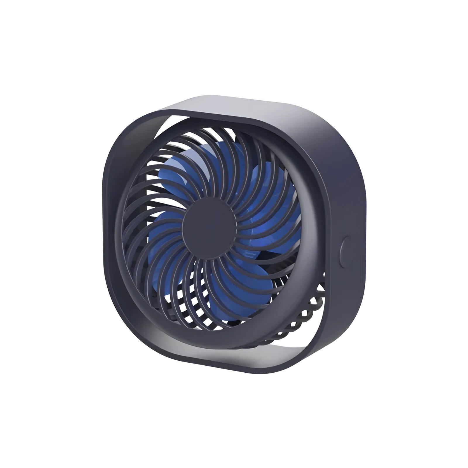 USB desk fan with alarm clock in modern simple style, showing 360-degree rotation feature.