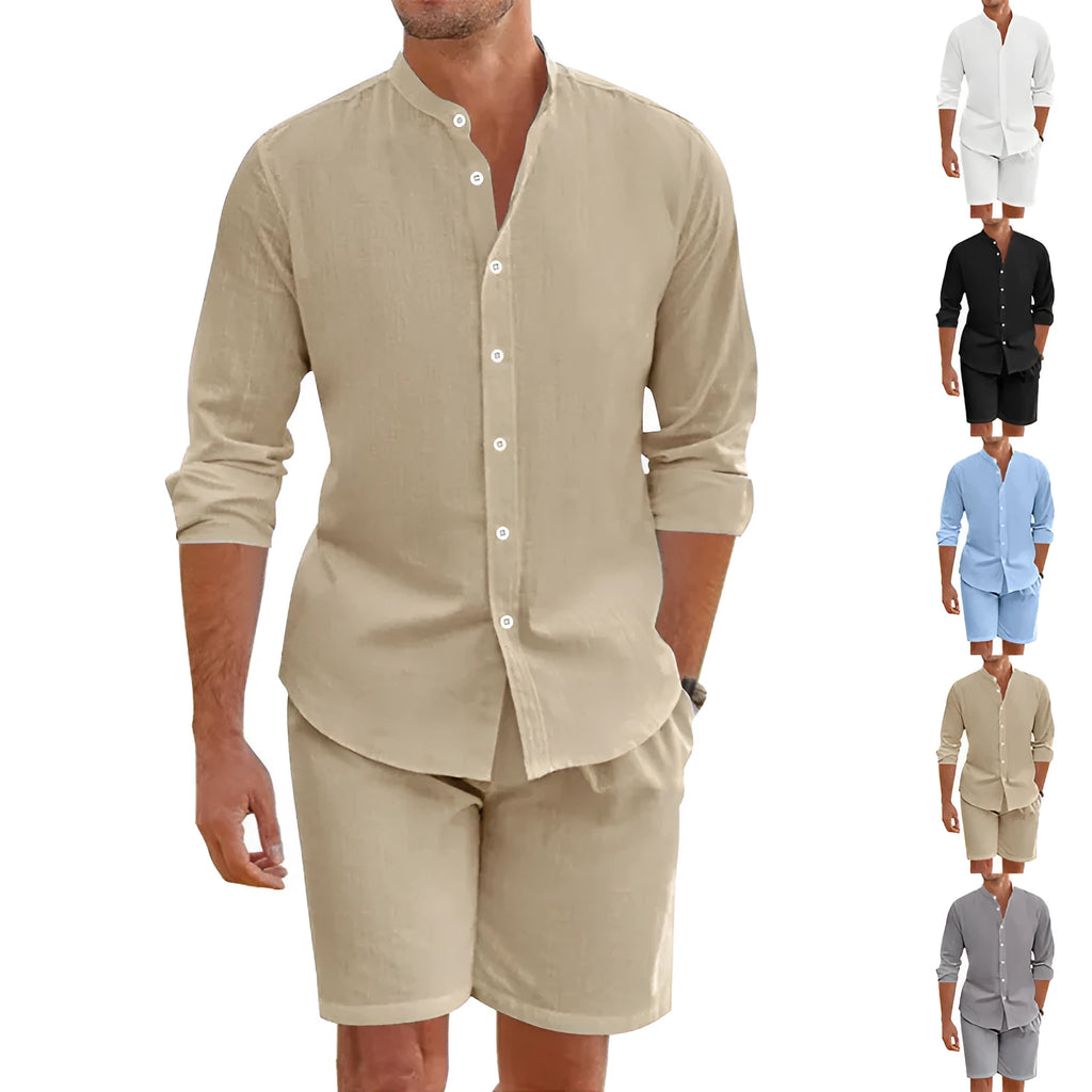 Men's light blue linen blend short sleeve shirt and drawstring shorts summer suit set.