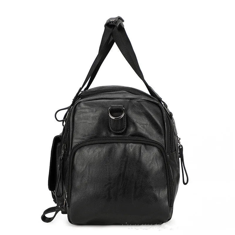Black travel holdall bag with shoe compartment showing dimensions 52cm × 19cm × 27cm