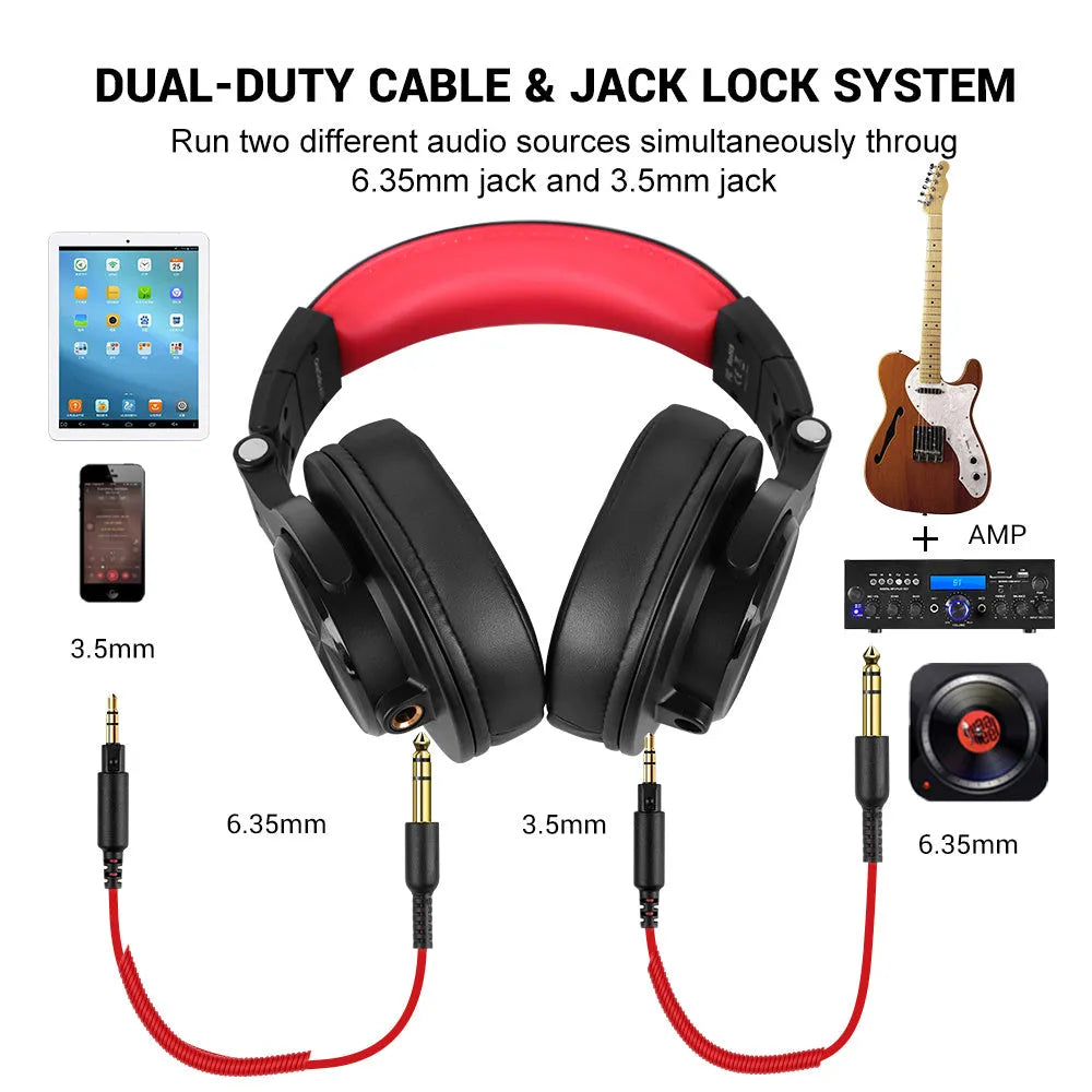 OneOdio over-ear headphones in black and red colour options on a grey background.
