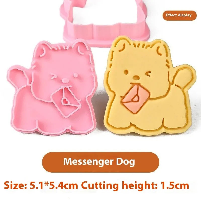 Plastic biscuit mould showing three-dimensional puppy head design with birthday hat for baking