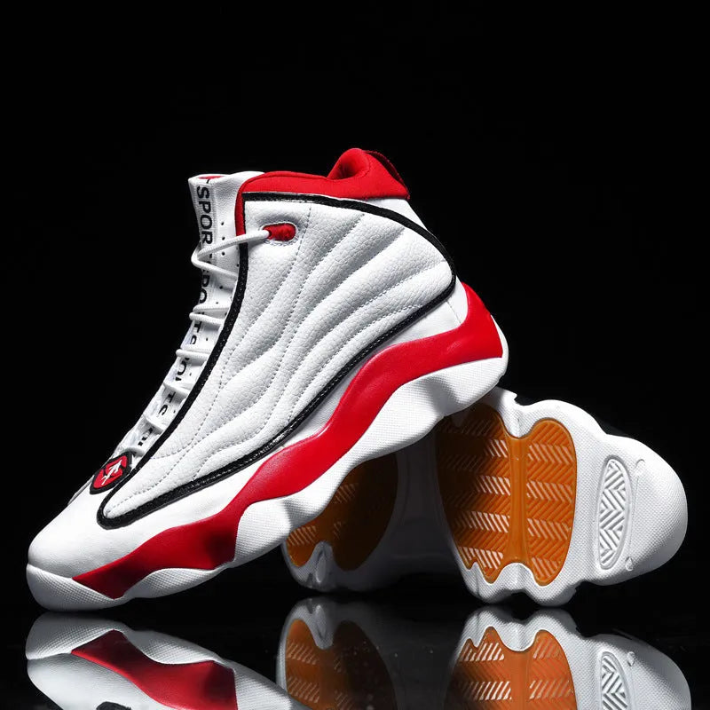 Men's high-top basketball shoes with thick rubber sole and mesh upper in AJ13 white red colourway