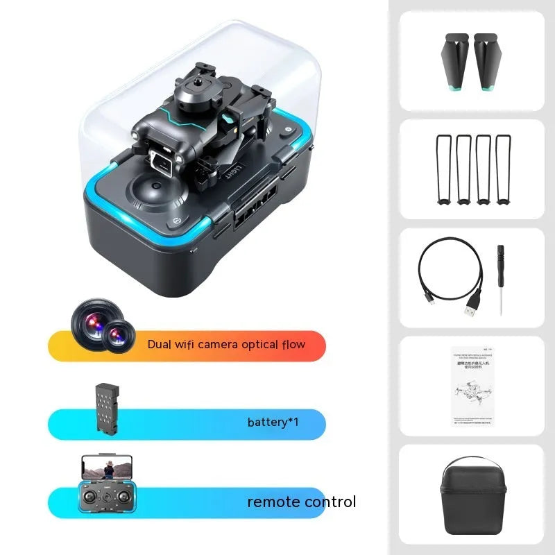Four-axis aerial photography drone with obstacle avoidance sensors and camera, measuring under 30cm