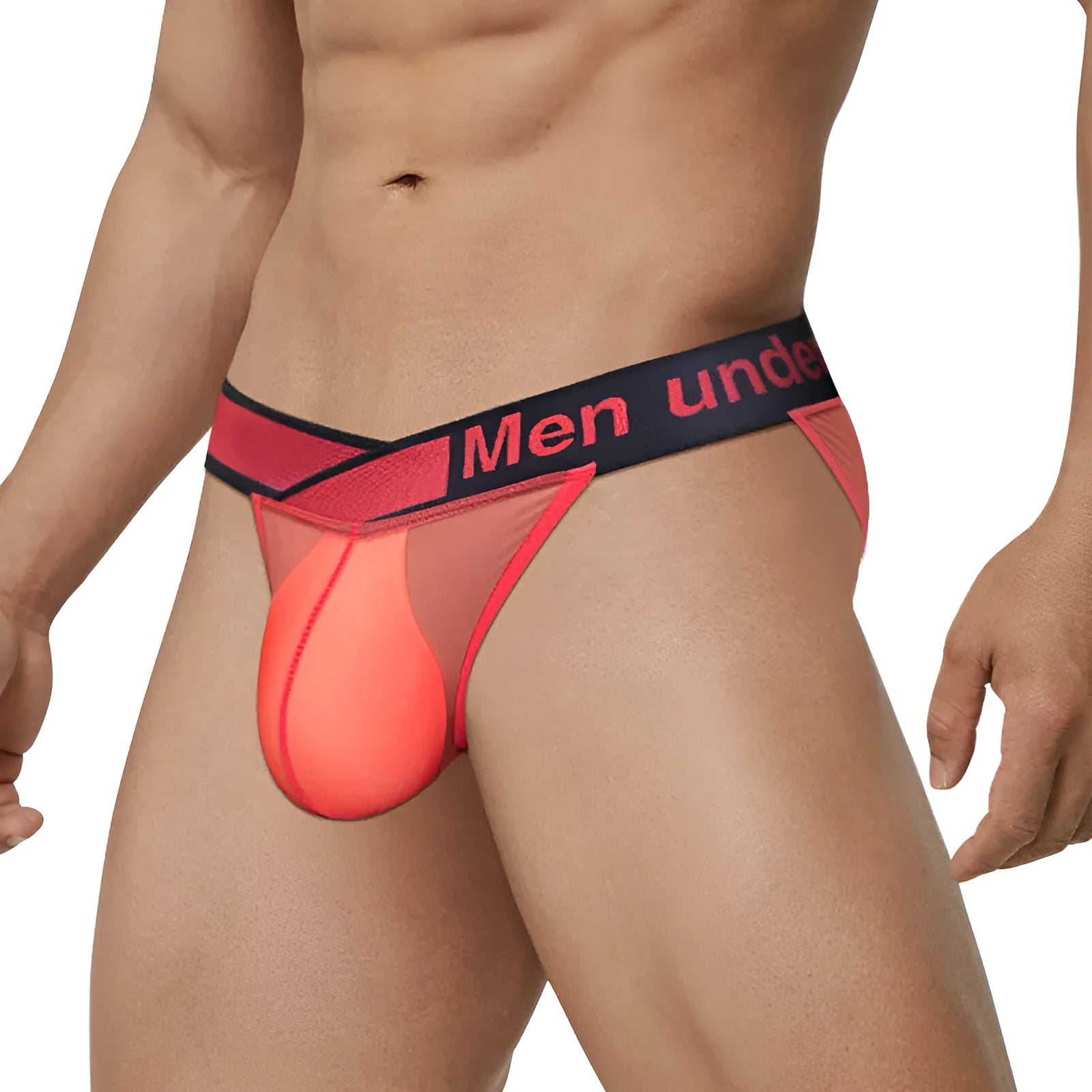 Men's gradient transparent ice silk briefs with large V-front design in black, red, and white colour options